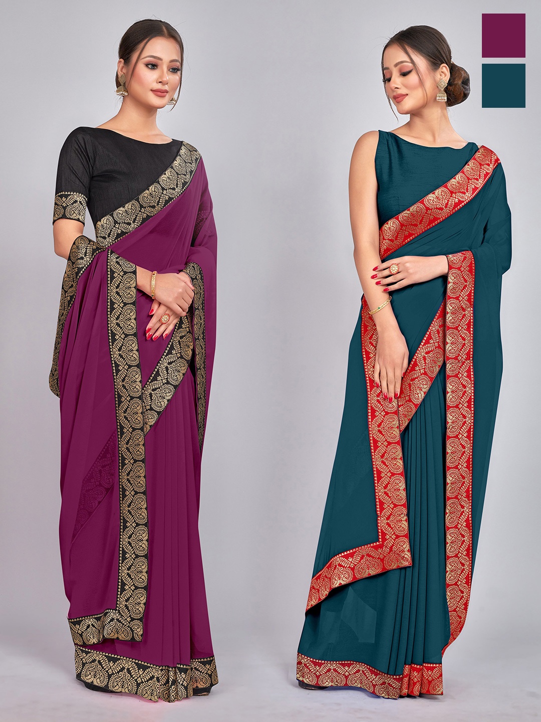 

CastilloFab Selection of 2 Zari Pure Georgette Saree, Burgundy