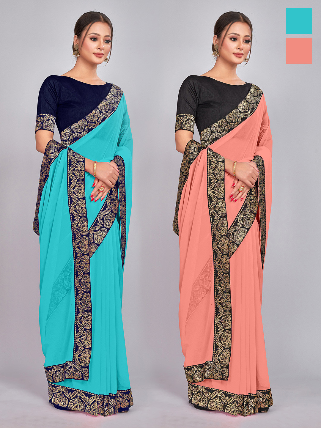 

CastilloFab Selection Of 2 Pure Georgette Sarees, Turquoise blue
