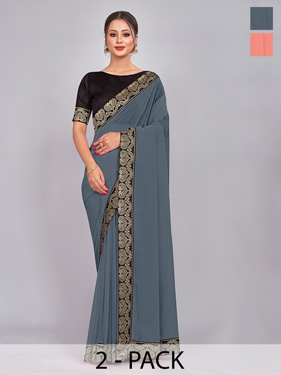

CastilloFab Selection of 2 Zari Pure Georgette Saree, Grey