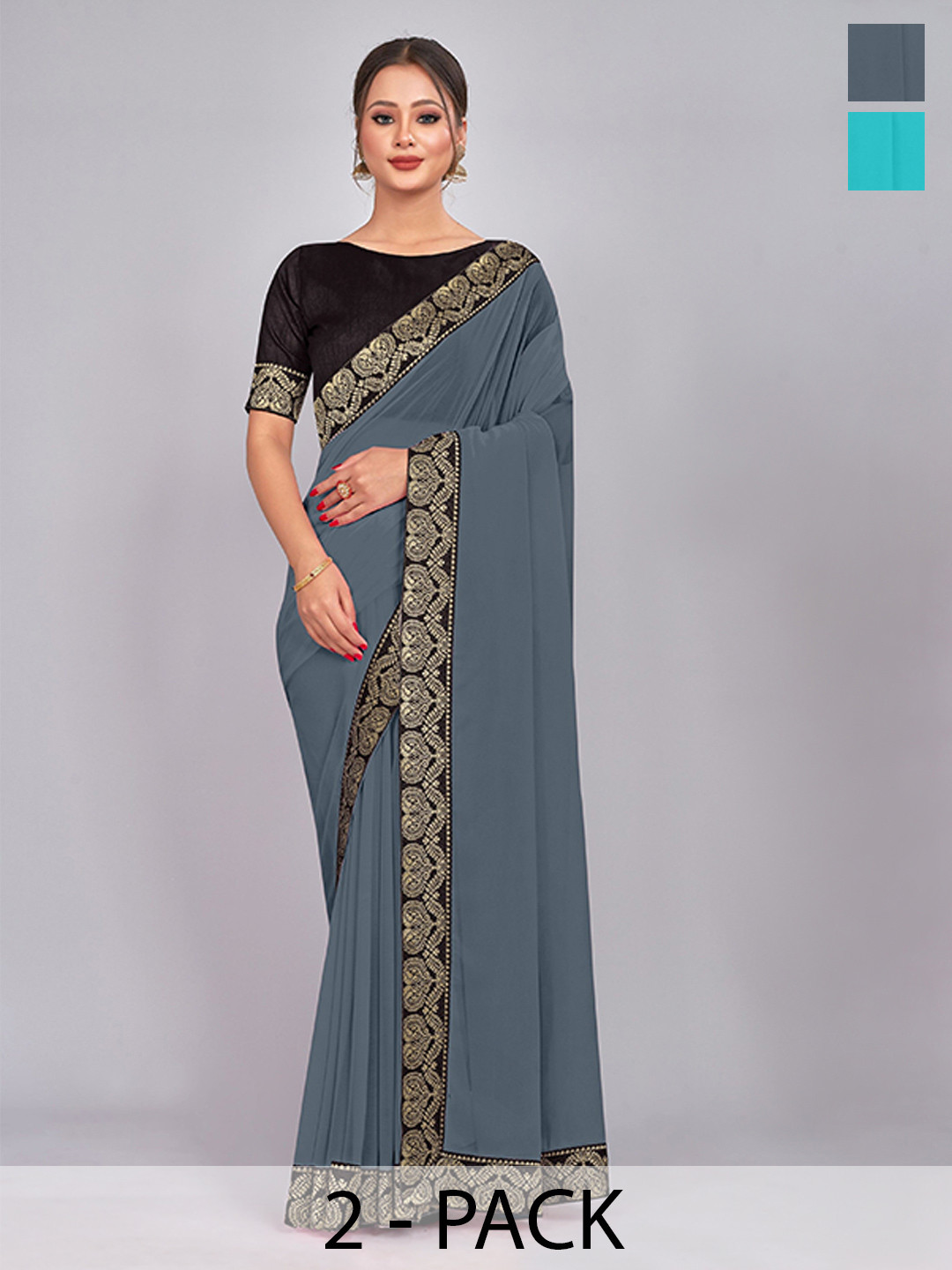 

CastilloFab Selection of 2 Zari Pure Georgette Saree, Grey