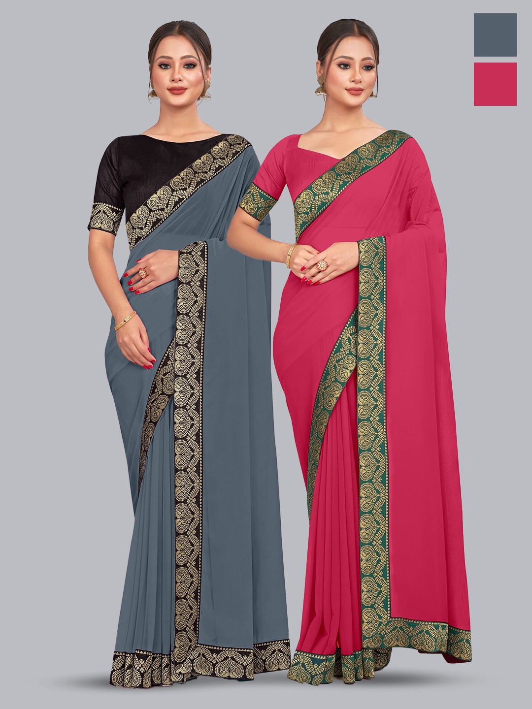 

CastilloFab Selection of 2 Zari Pure Georgette Saree, Grey