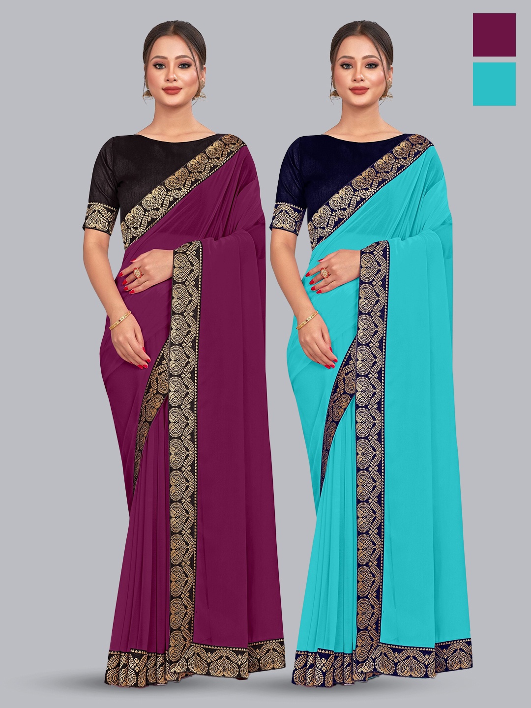 

CastilloFab Selection of 2 Zari Pure Georgette Saree, Burgundy