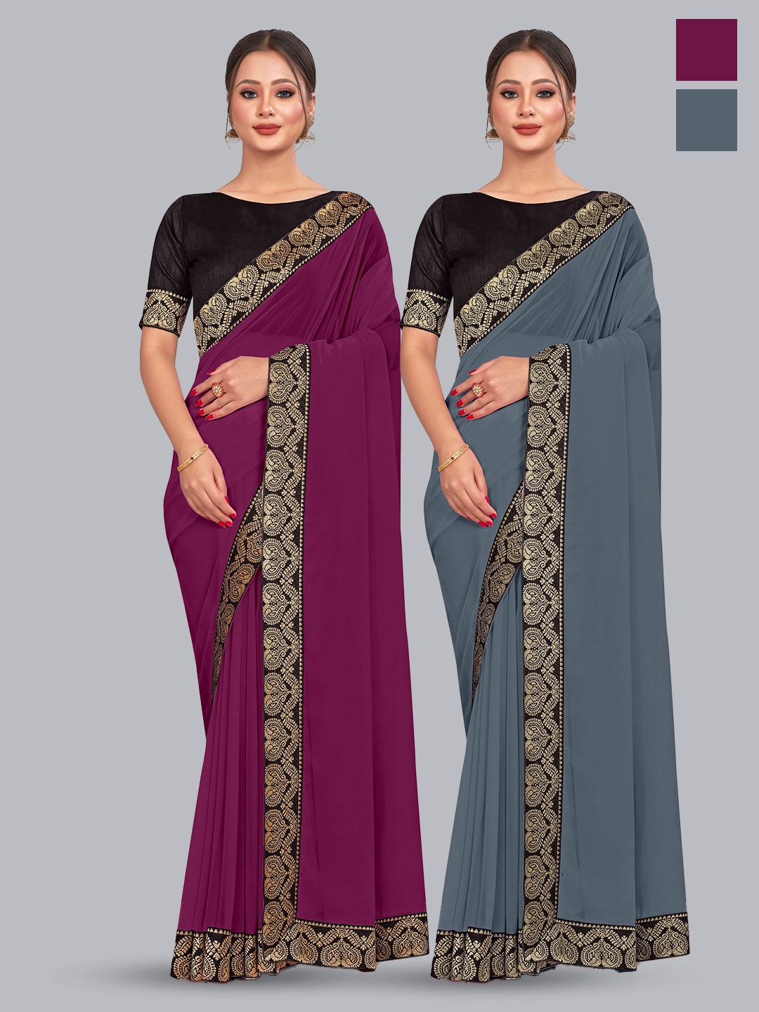 

CastilloFab Selection of 2 Zari Pure Georgette Saree, Grey