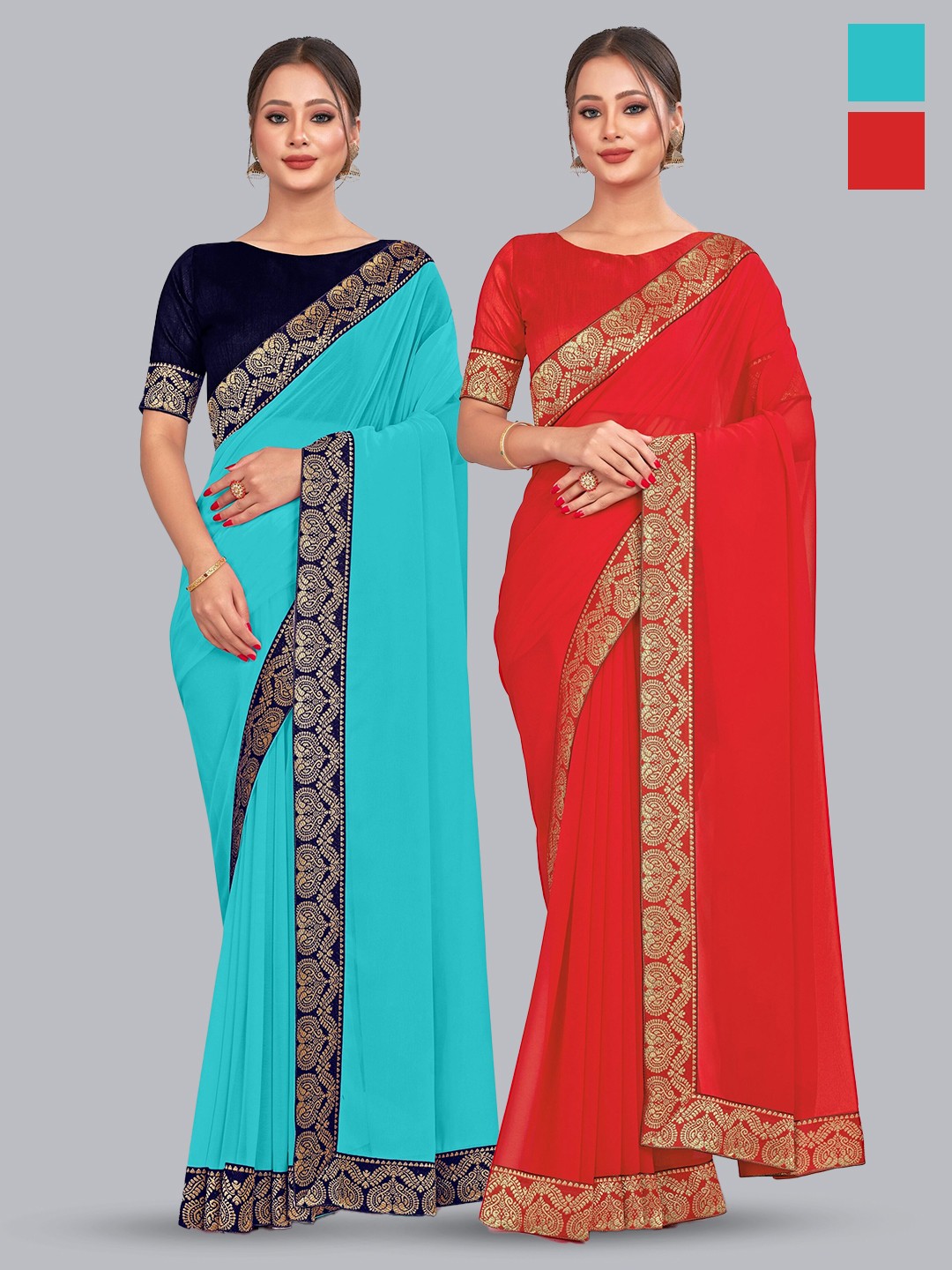 

CastilloFab Selection of 2 Zari Pure Georgette Saree, Turquoise blue