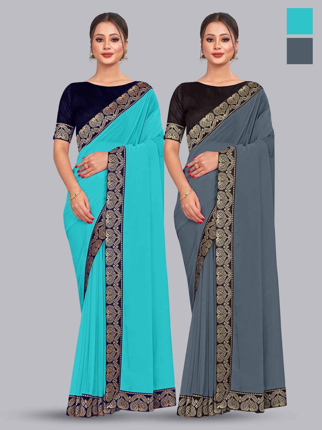 

CastilloFab Selection of 2 Zari Pure Georgette Saree, Grey