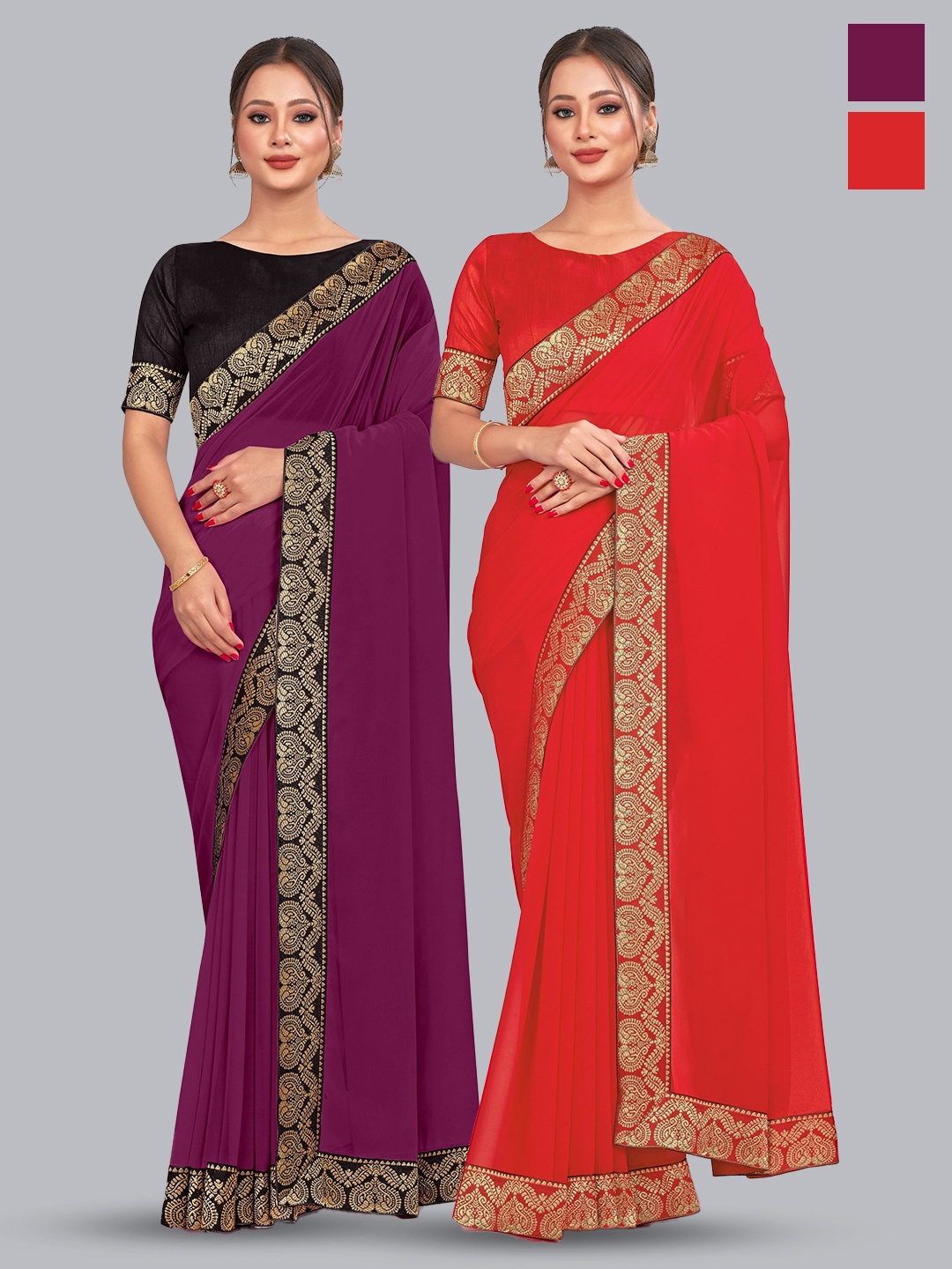 

CastilloFab Selection of 2 Zari Pure Georgette Saree, Burgundy