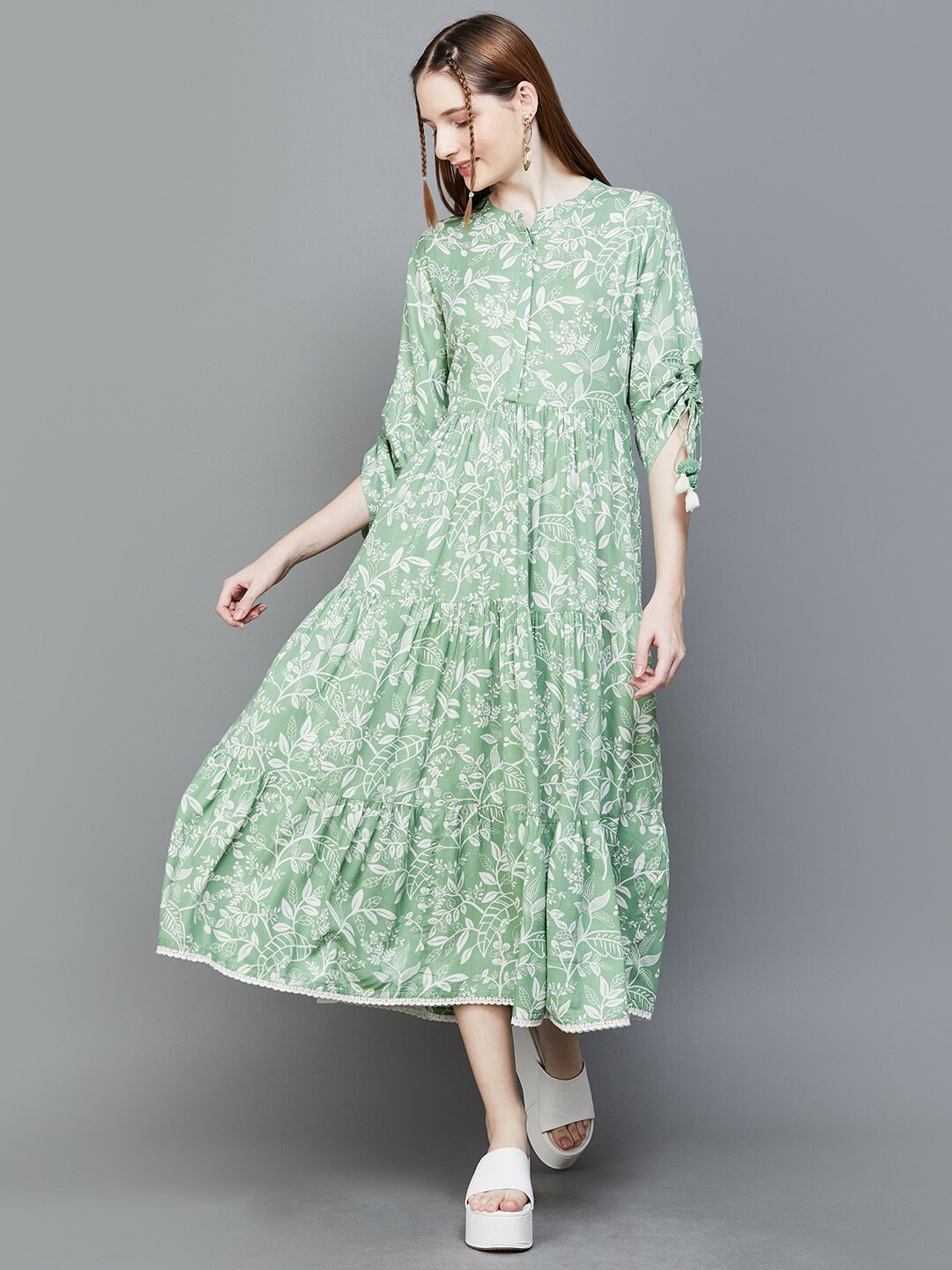 

Colour Me by Melange Floral Printed Mandarin Collar A-Line Midi Dress, Green