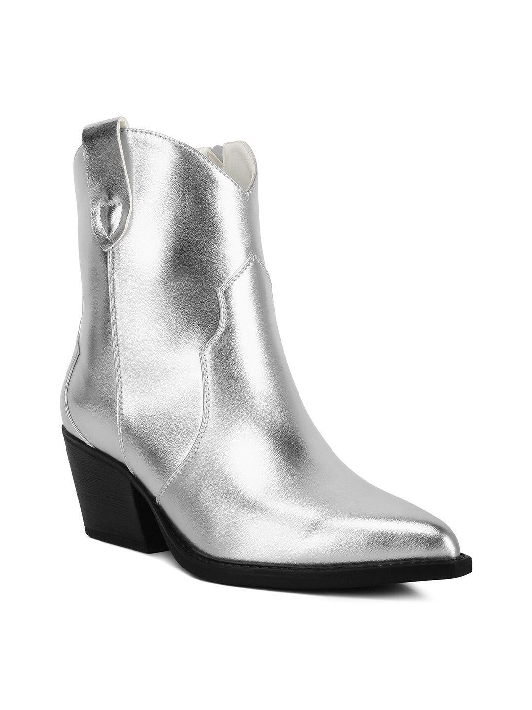 

London Rag Women Patchwork Detail Block Heeled Mid-Top Cowboy Boots, Silver