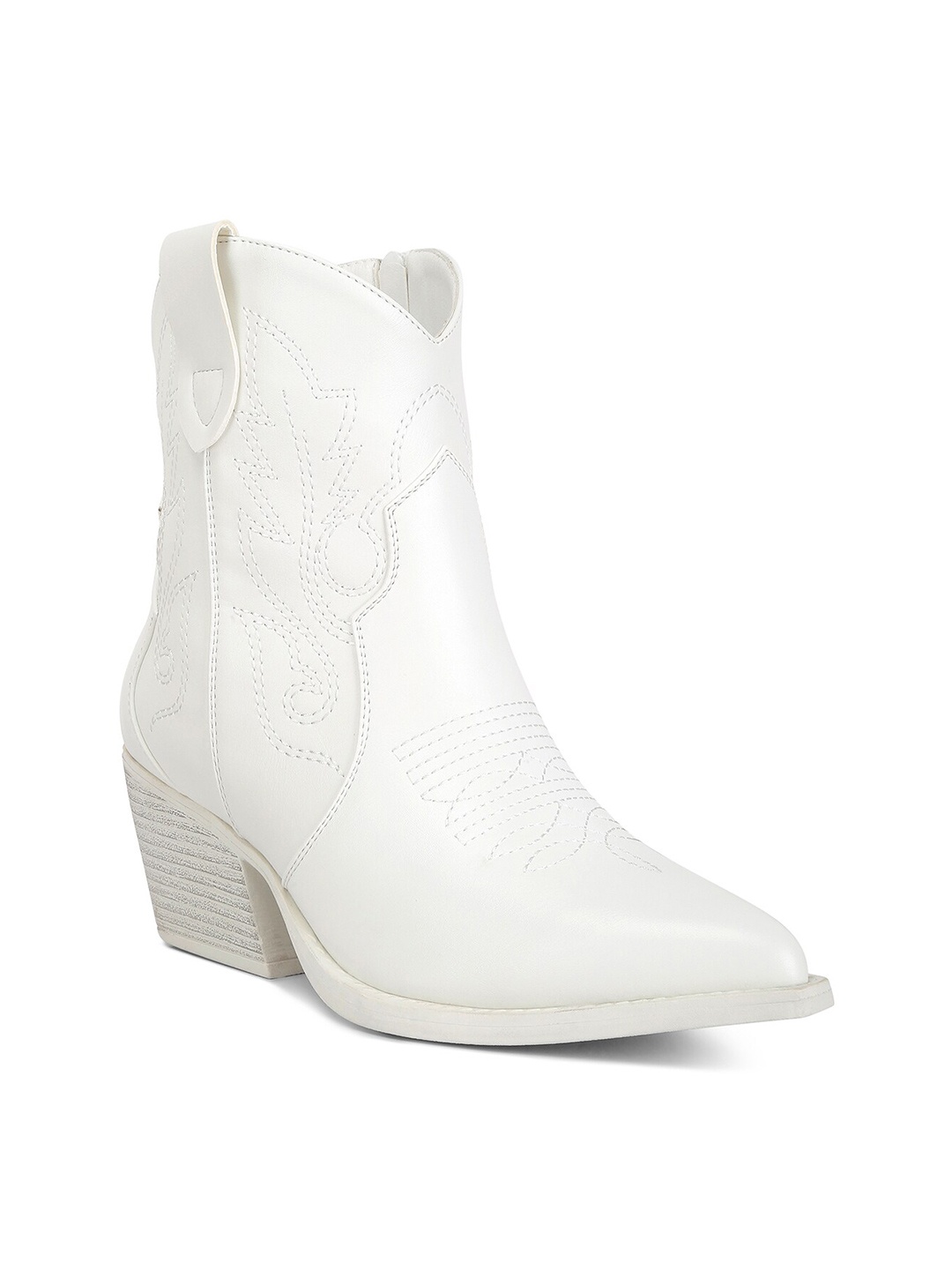 

London Rag Women Thread Work Detail Block-Heeled Cowboy Boots, Off white