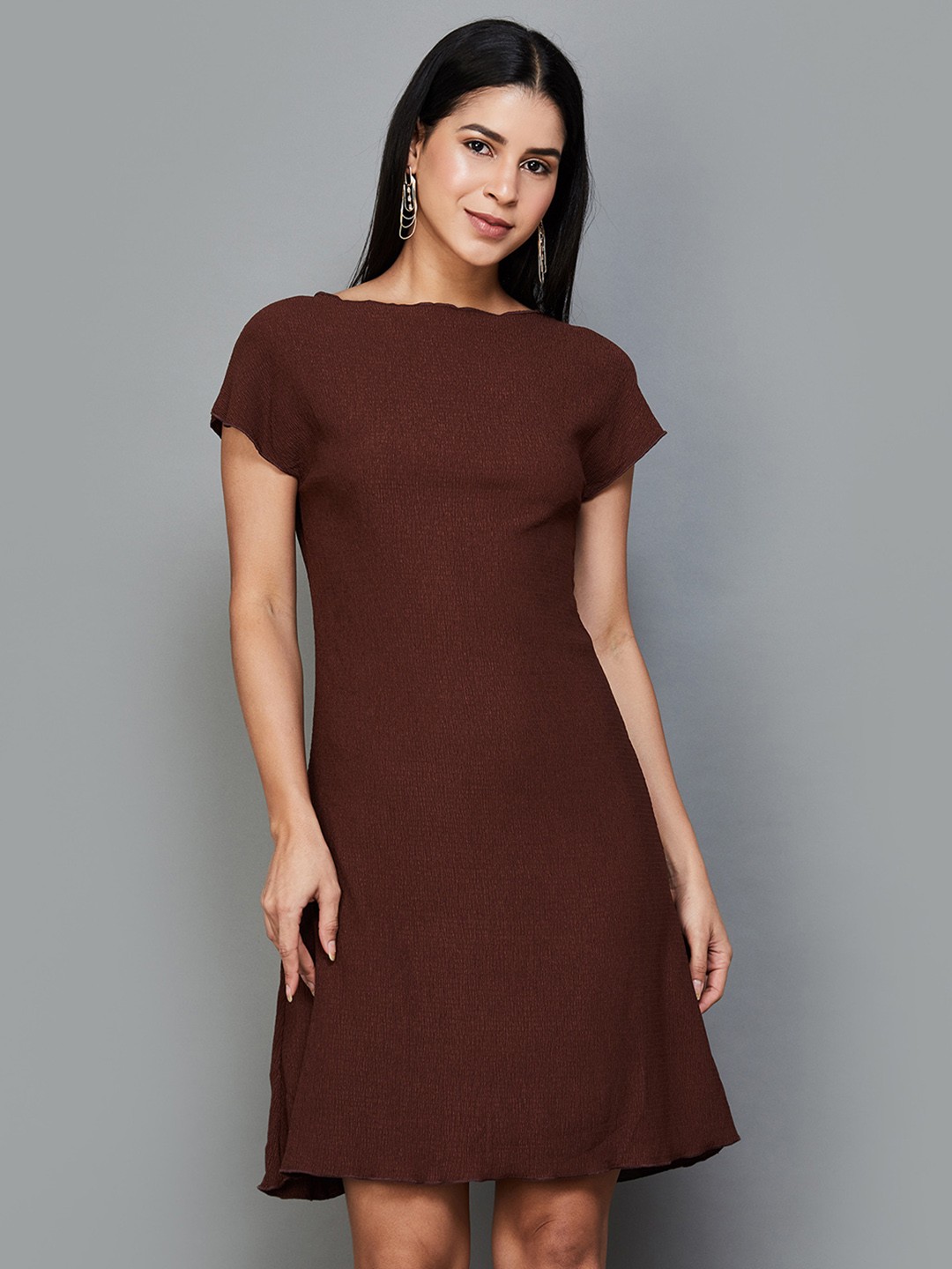 

CODE by Lifestyle Round Neck Short Sleeves Opaque A-Line Dress, Brown