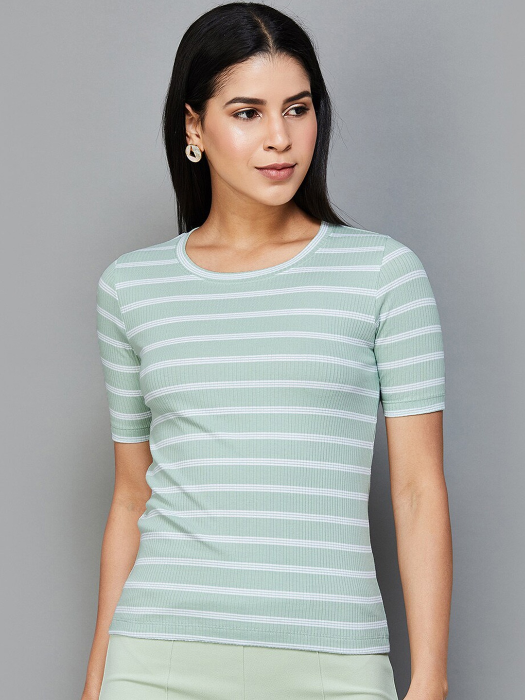 

CODE by Lifestyle Striped Round Neck Cotton Casual Top, Blue
