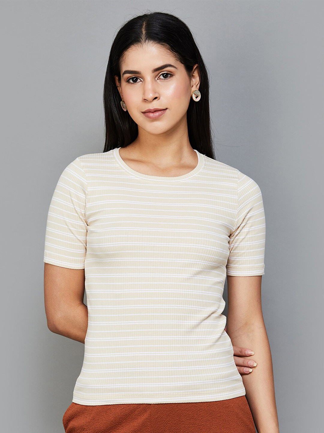 

CODE by Lifestyle Striped Cotton Top, Beige