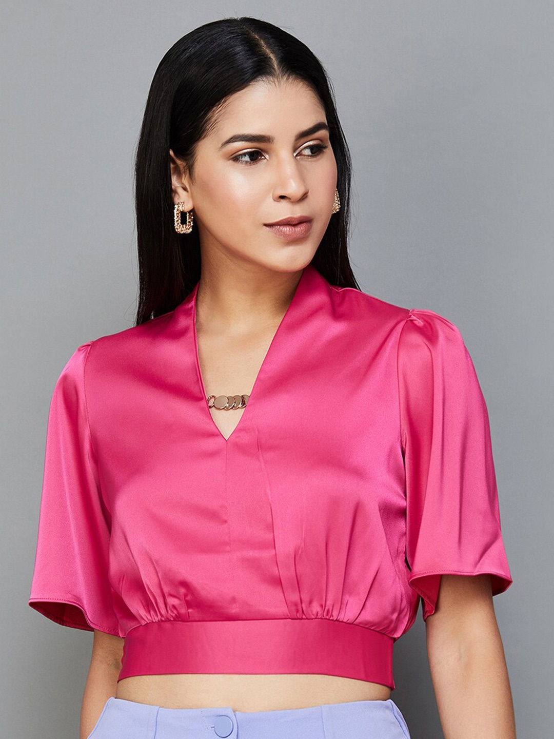 

CODE by Lifestyle V Neck Flared Sleeve Wrap Crop Top, Pink