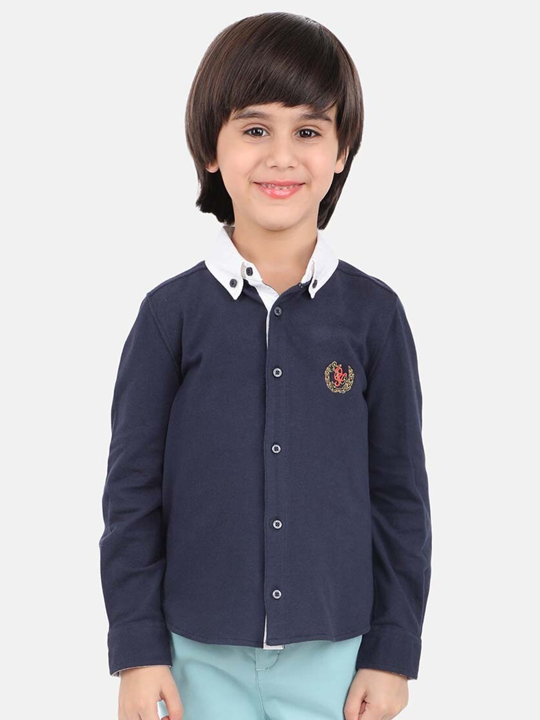 

One Friday Boys Embroidery Cotton Printed Classic Casual Shirt, Navy blue