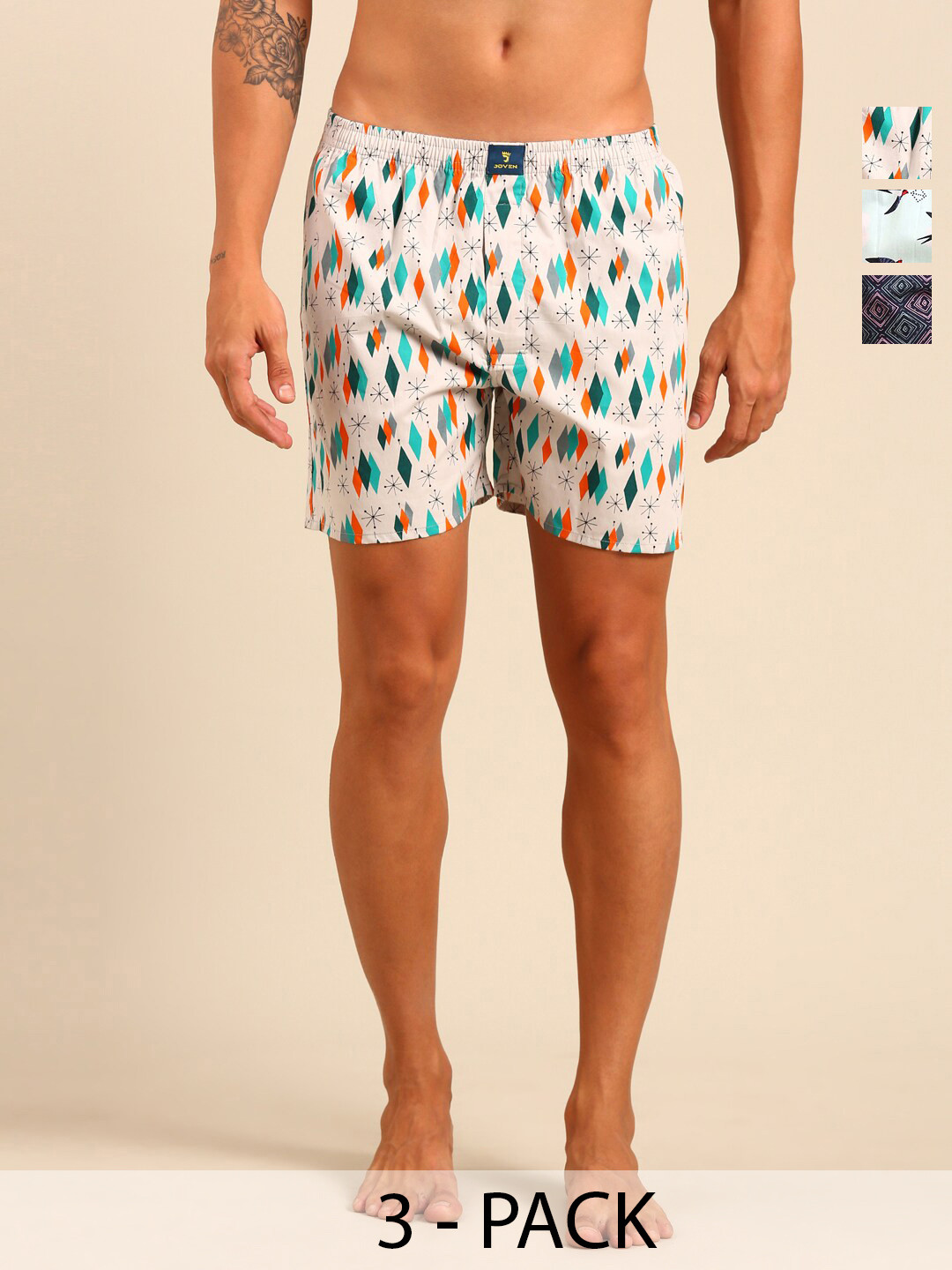 

Joven Pack Of 3 Printed Pure Cotton Boxers JB3P-TURHSW, Nude