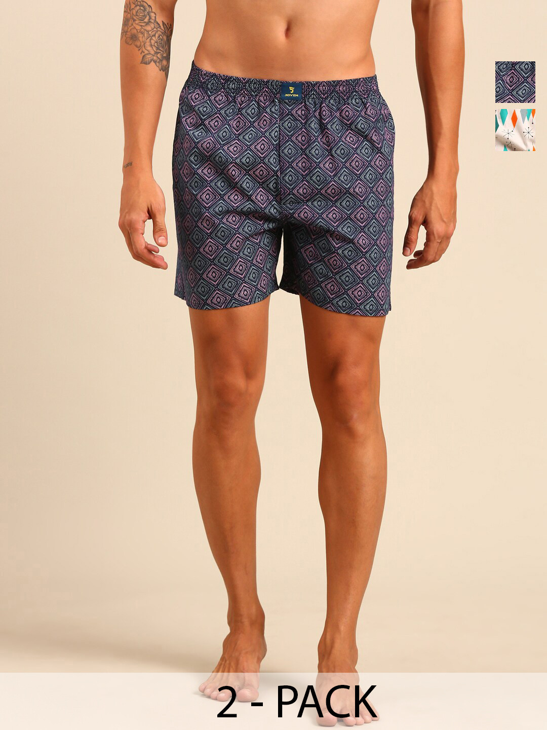 

Joven Pack Of 2 Printed Anti Shrink Pure Cotton Boxers JB2P-TURH, Navy blue