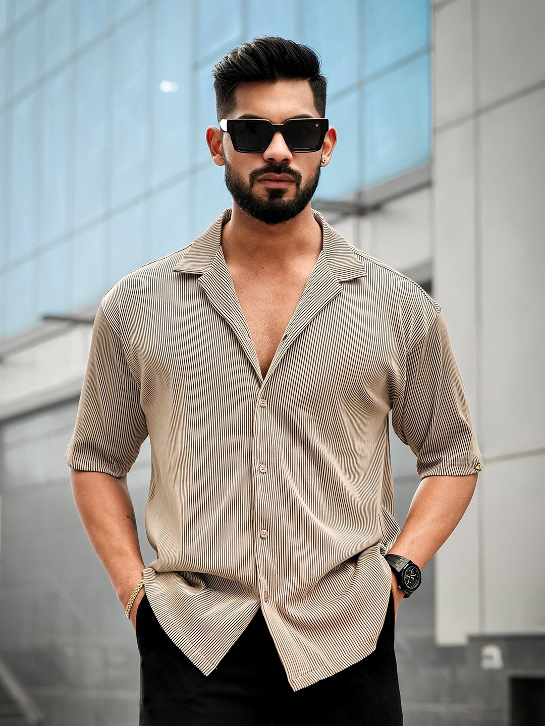 

Maniac Cuban Collar Cotton Classic Knitted Straight Casual Shirt, Beige