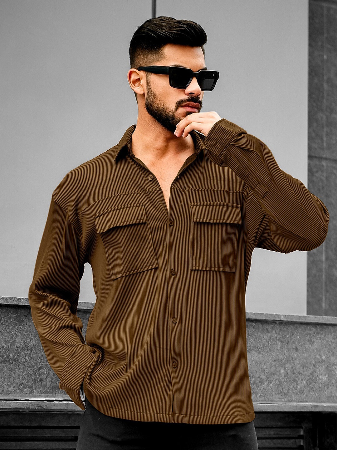 

Maniac Classic Vertical Self Design Spread Collar Casual Shirt, Brown