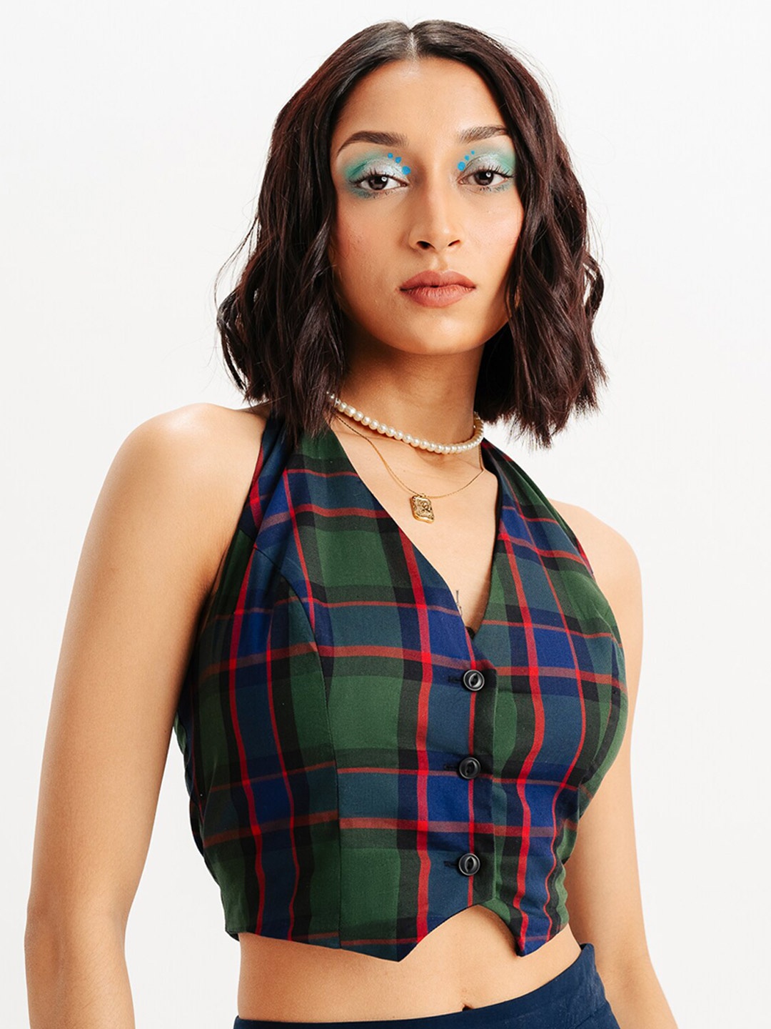 

FREAKINS Red Checked Halter Neck Cotton Crop Top