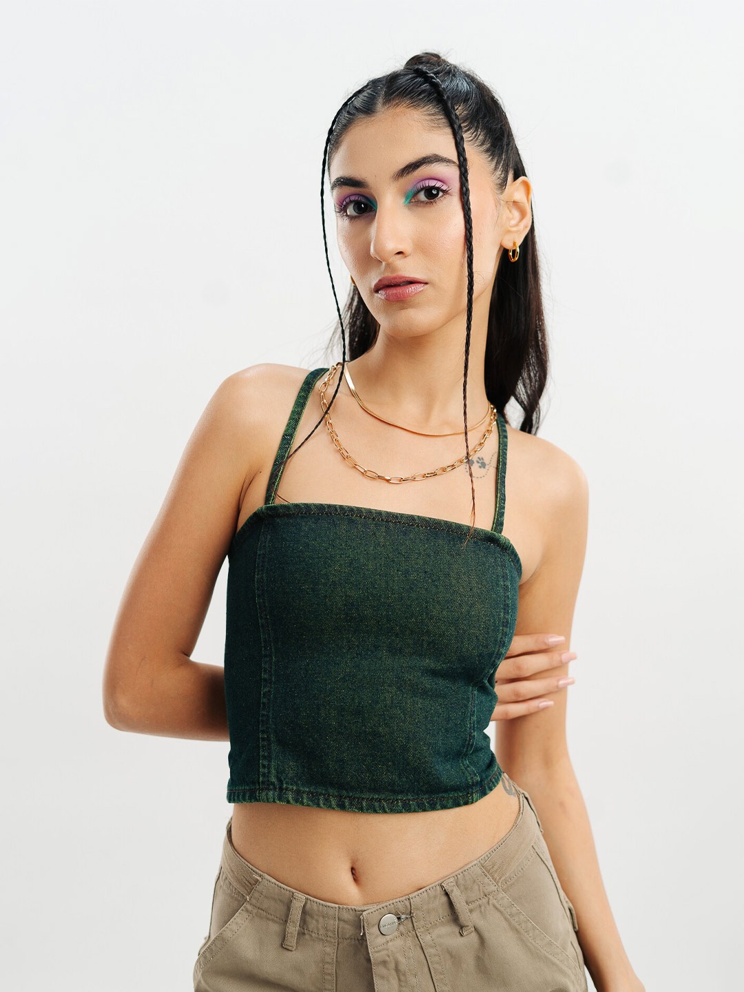 

FREAKINS Green Cotton Fitted Crop Top