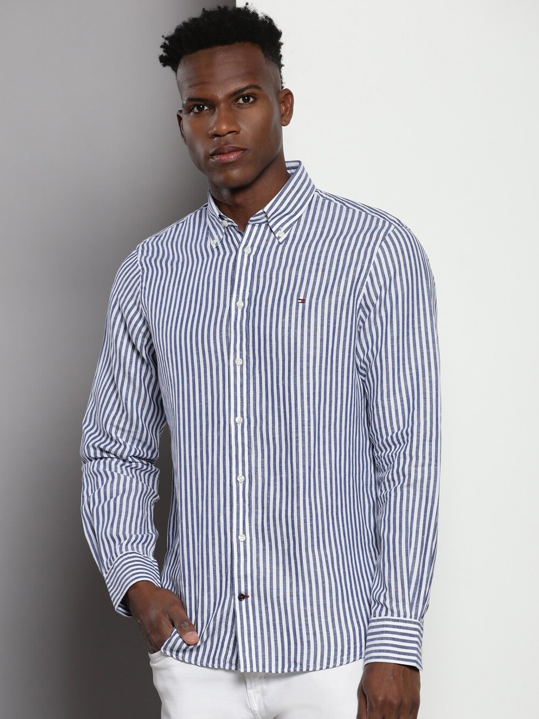 

Tommy Hilfiger Button-down Collar Long Sleeves Slim Fit Opaque Striped Casual Shirt, Blue