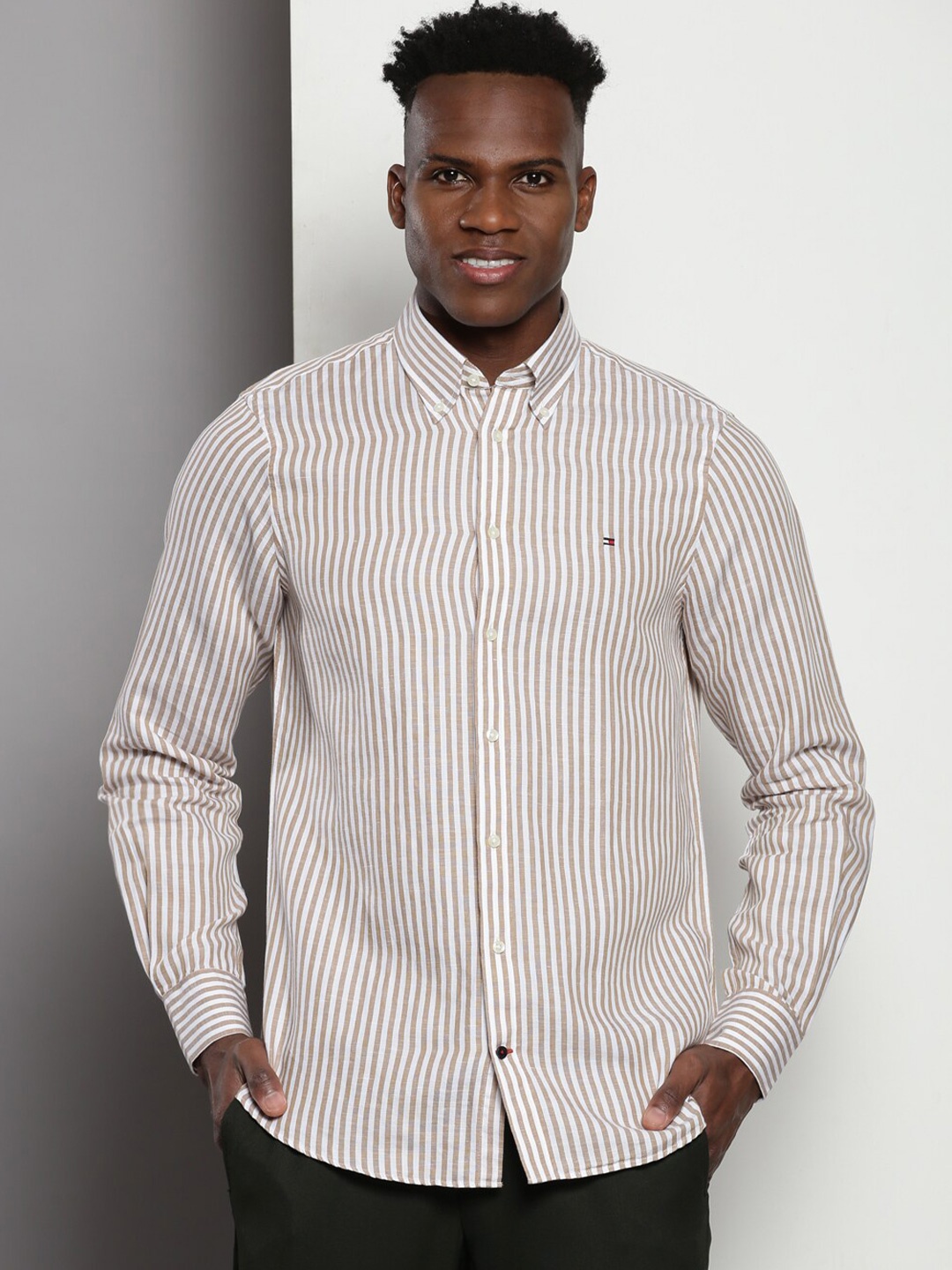 

Tommy Hilfiger Striped Cotton Slim Fit Opaque Casual Shirt, Brown