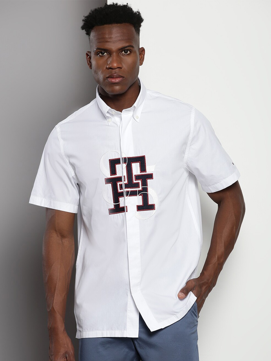 

Tommy Hilfiger Typography Embroidered Cotton Regular Fit Opaque Casual Shirt, White