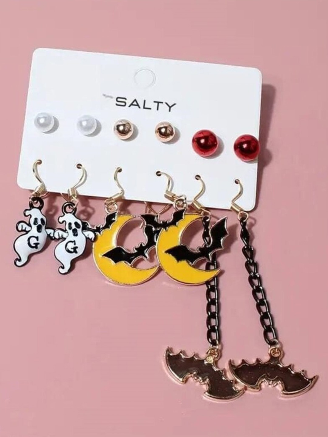 

SALTY Set Of 6 Contemporary Enamelled Goblin Drop Earrings, Gold