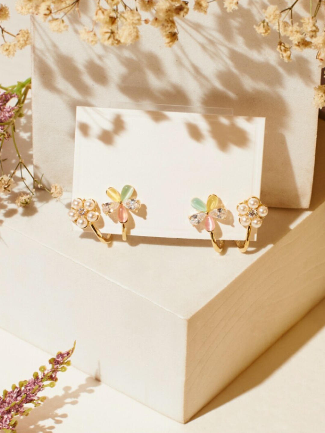 

SALTY Set Of 2 Stone Studded Floral Hoop Earrings, Gold
