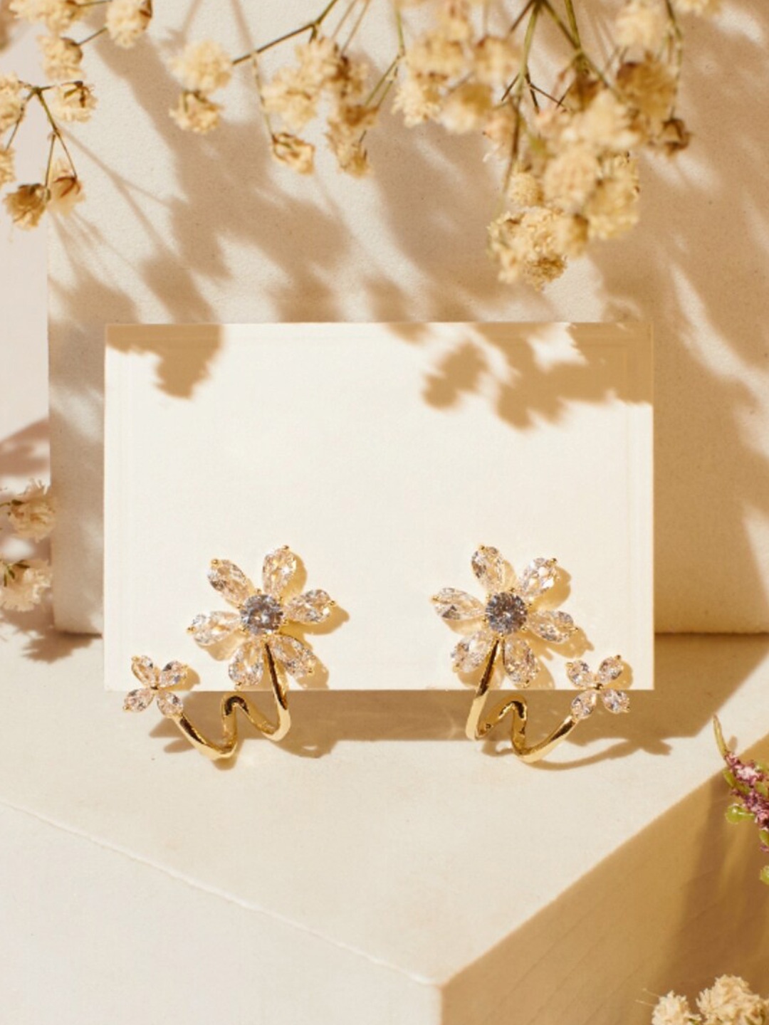 

SALTY Gold-Plated Artificial Stones-Studded Floral Studs Earrings