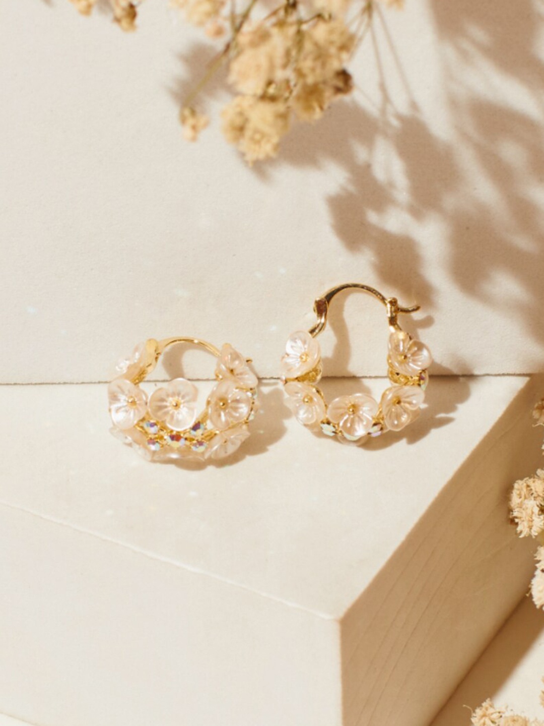 

SALTY Gold-Plated Stones Studded Floral Hoop Earrings