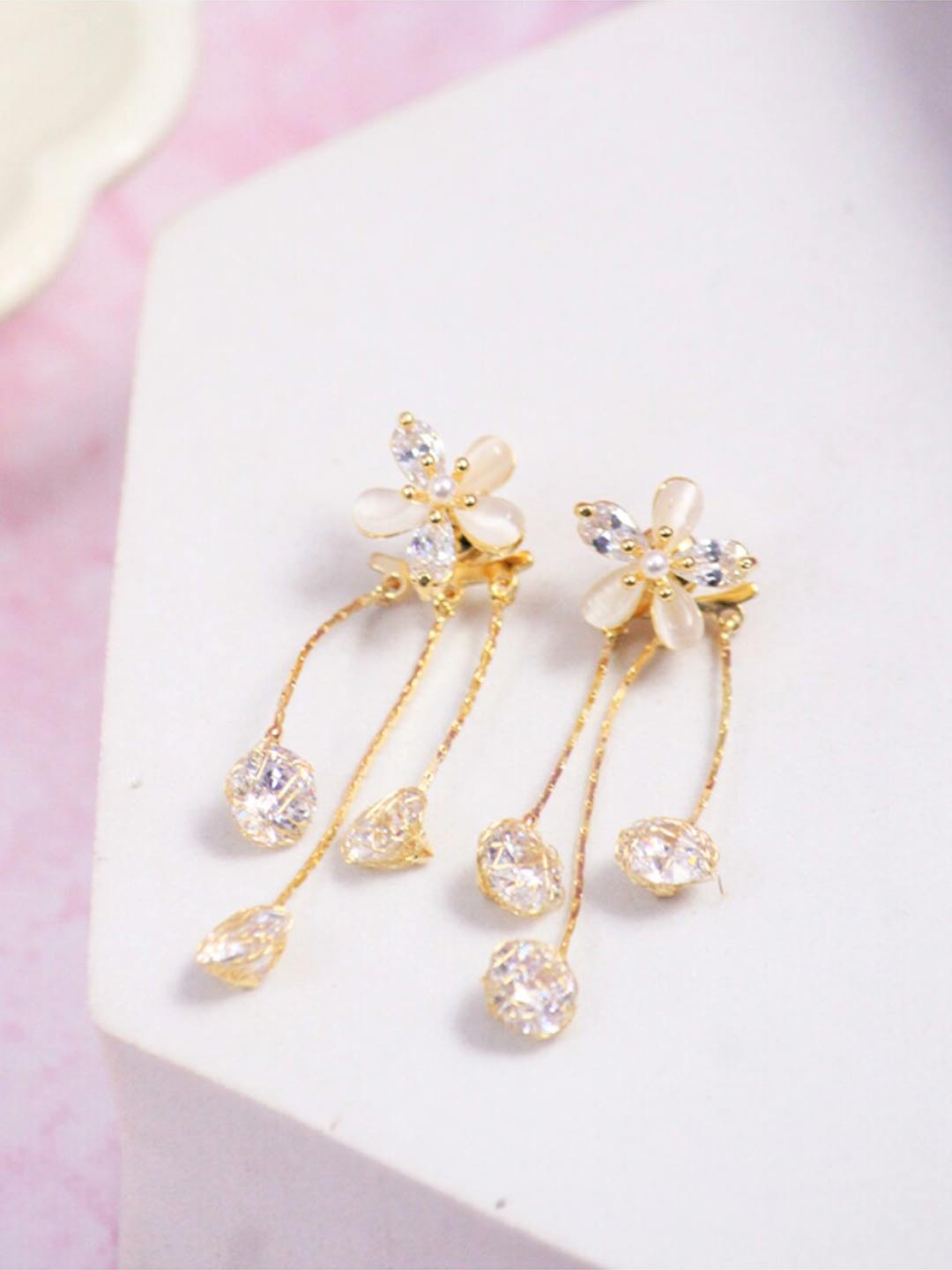 

SALTY Gold-Plated Stones Studded Floral Tasselled Drop Earrings
