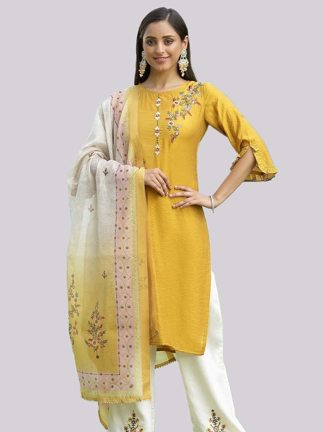 

MAIYEE Floral Yoke Design Thread Work Chanderi Cotton Kurta with Trousers & Dupatta, Mustard
