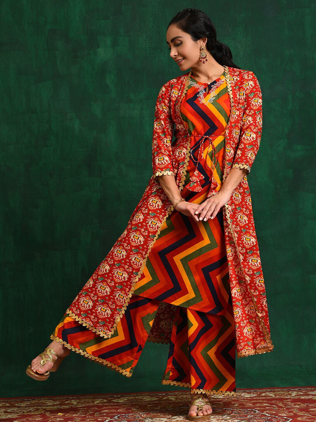 

Anouk Leheriya Printed Regular Pure Cotton A-Line Kurta with Palazzo & Jacket, Red