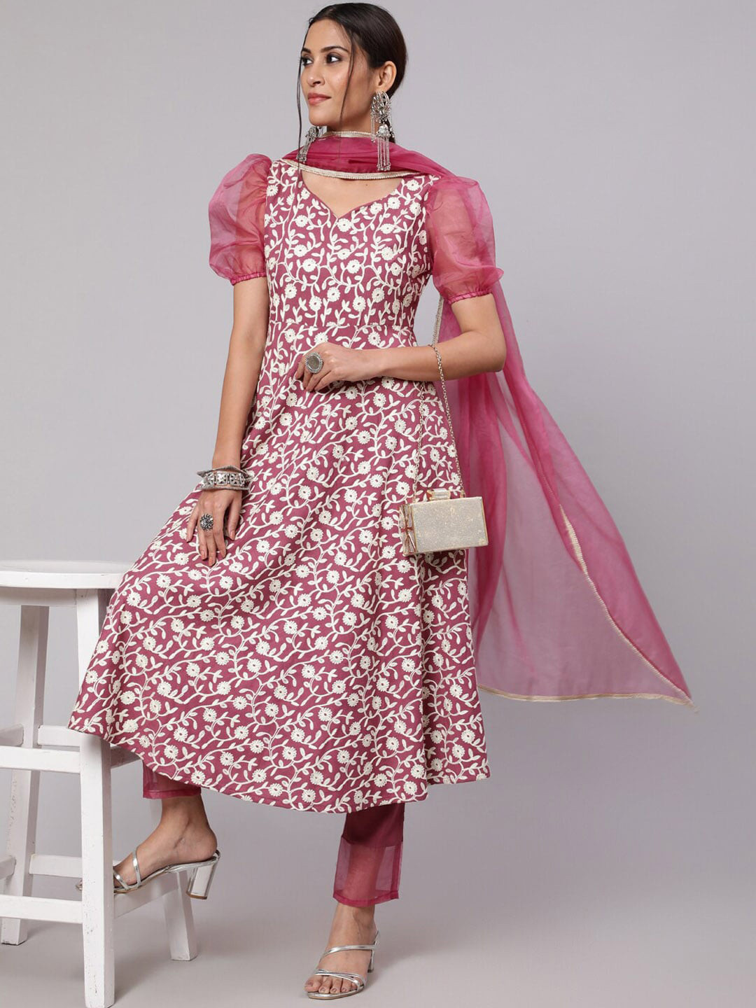 

Anouk Floral Embroidered Anarkali Kurta With Trousers & Dupatta, Purple