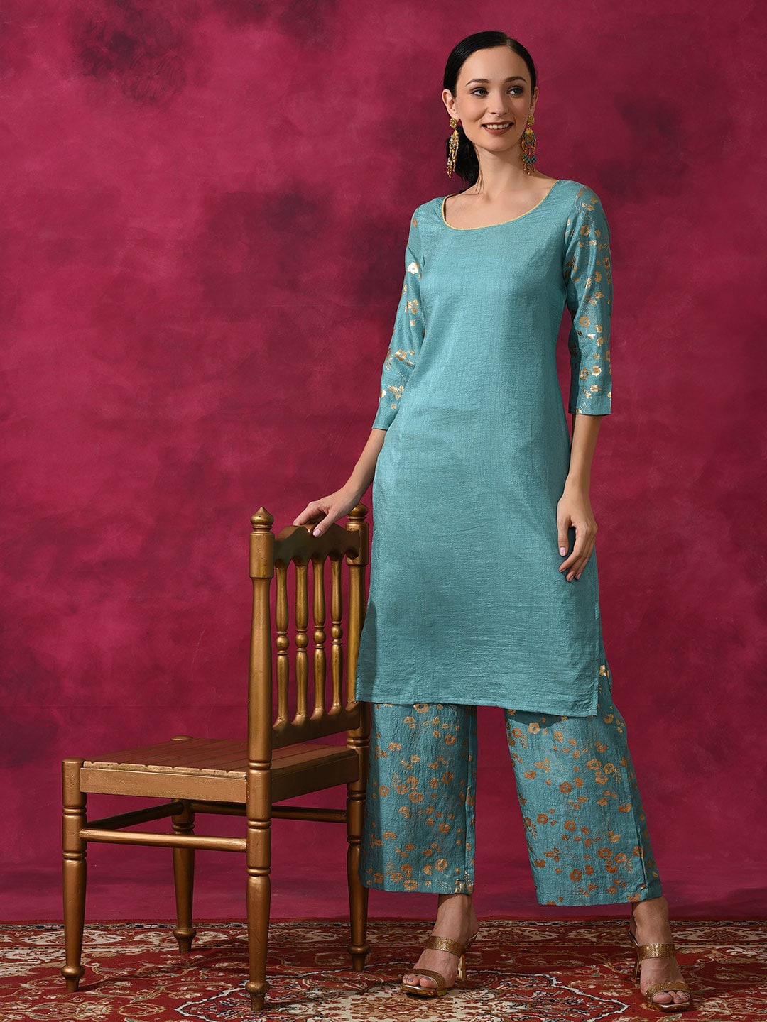 

Anouk Foil Printed Straight Kurta With Palazzos, Blue