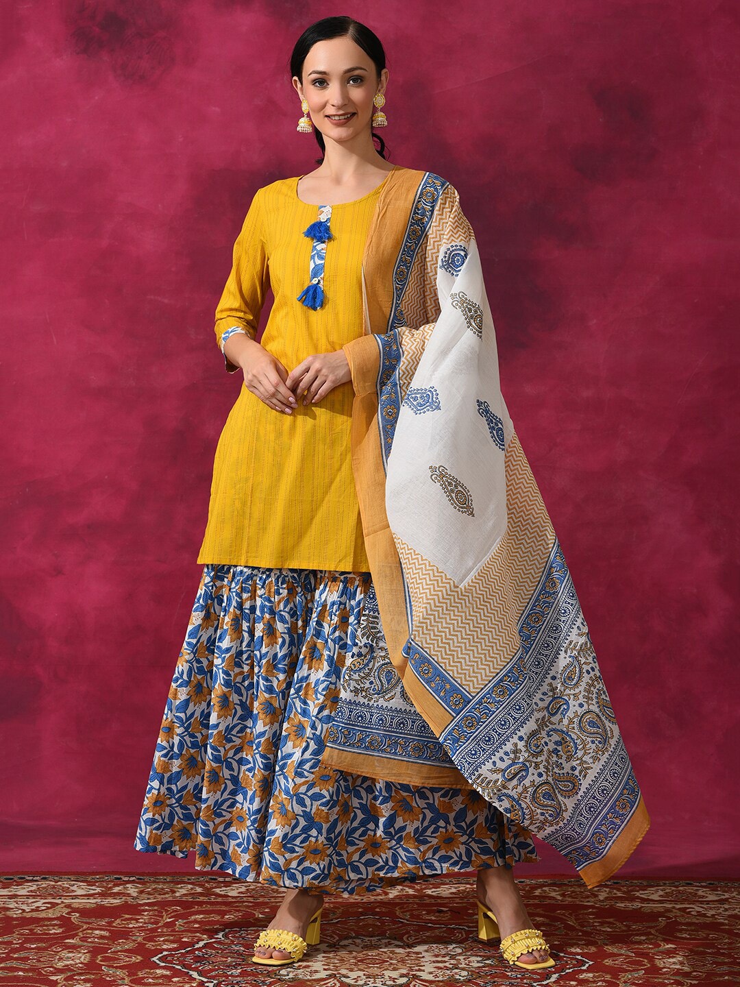 

Anouk Floral Printed Straight Pure Cotton Kurta With Sharara & Dupatta, Yellow