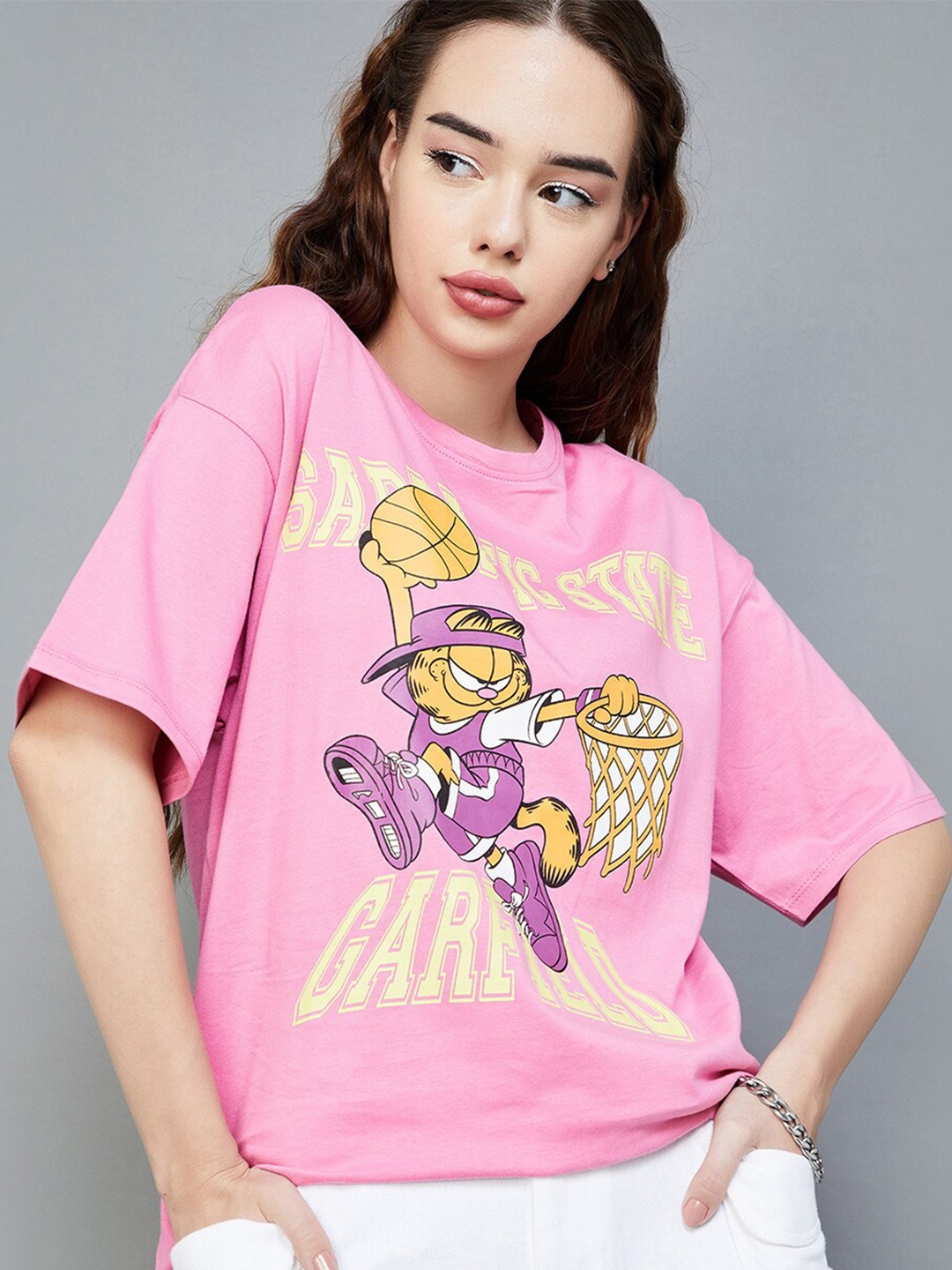 

Ginger by Lifestyle Women Pink Printed Drop-Shoulder Sleeves T shirt