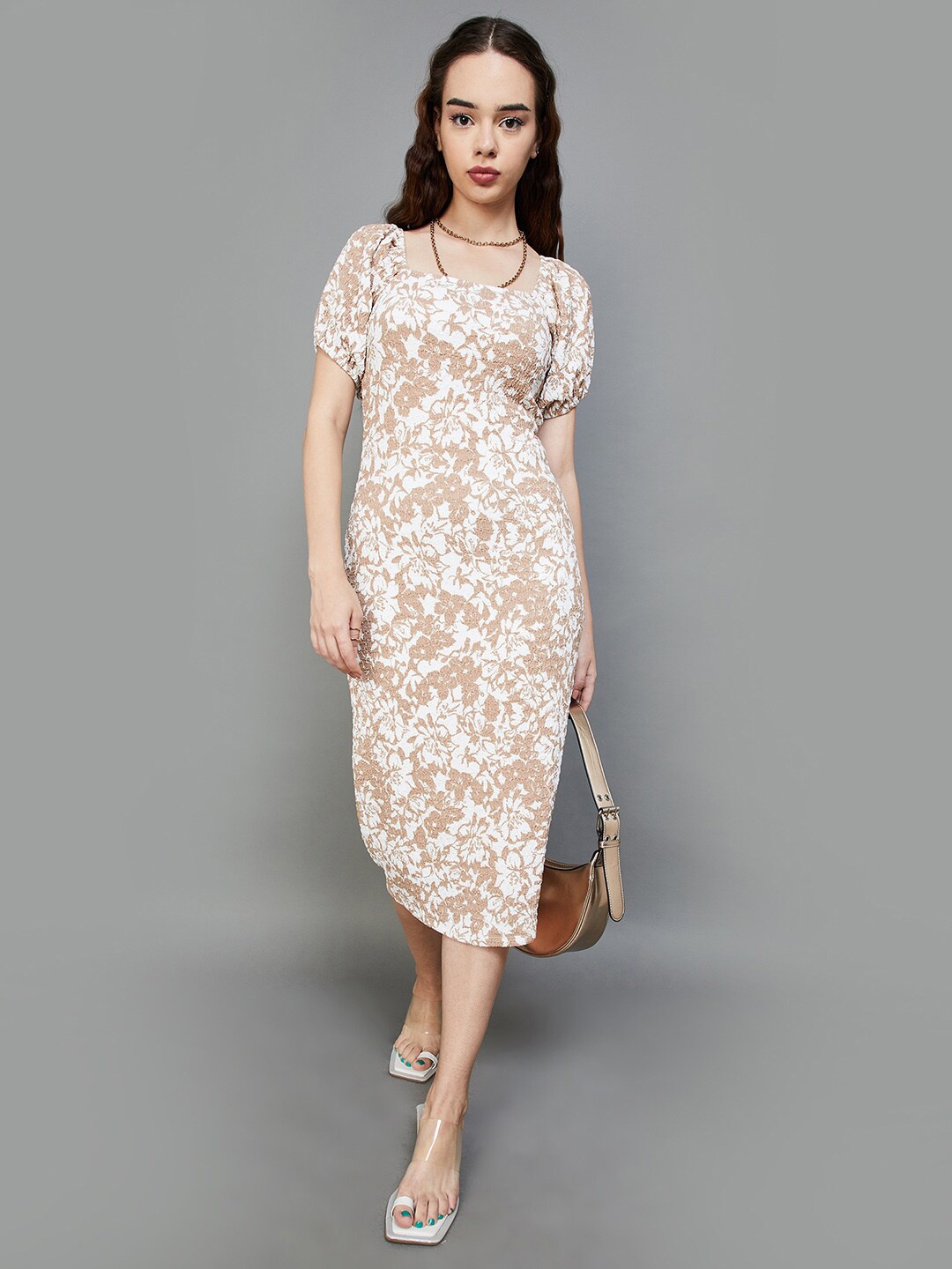 

Ginger by Lifestyle Floral Printed Puff Sleeve Sheath Midi Dress, Beige
