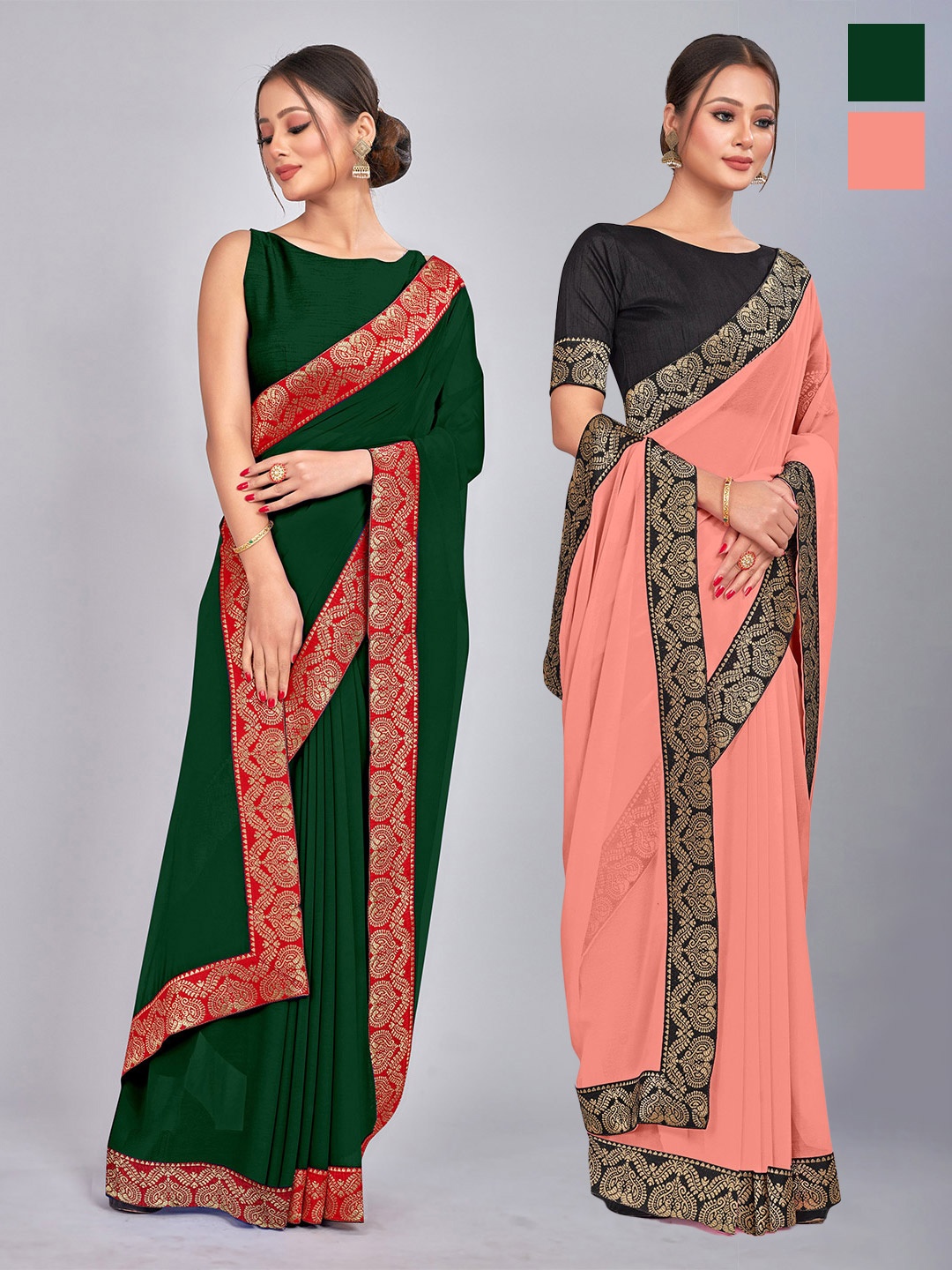 

CastilloFab Selection Of 2 Woven Design Zari Pure Georgette Saree, Green