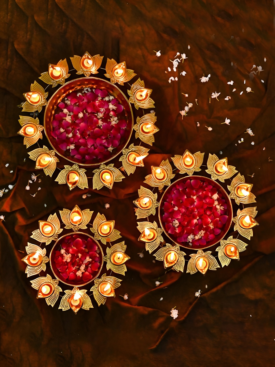 

DecorTwist 3 Pcs Gold Lotus Diya Urli, Brown