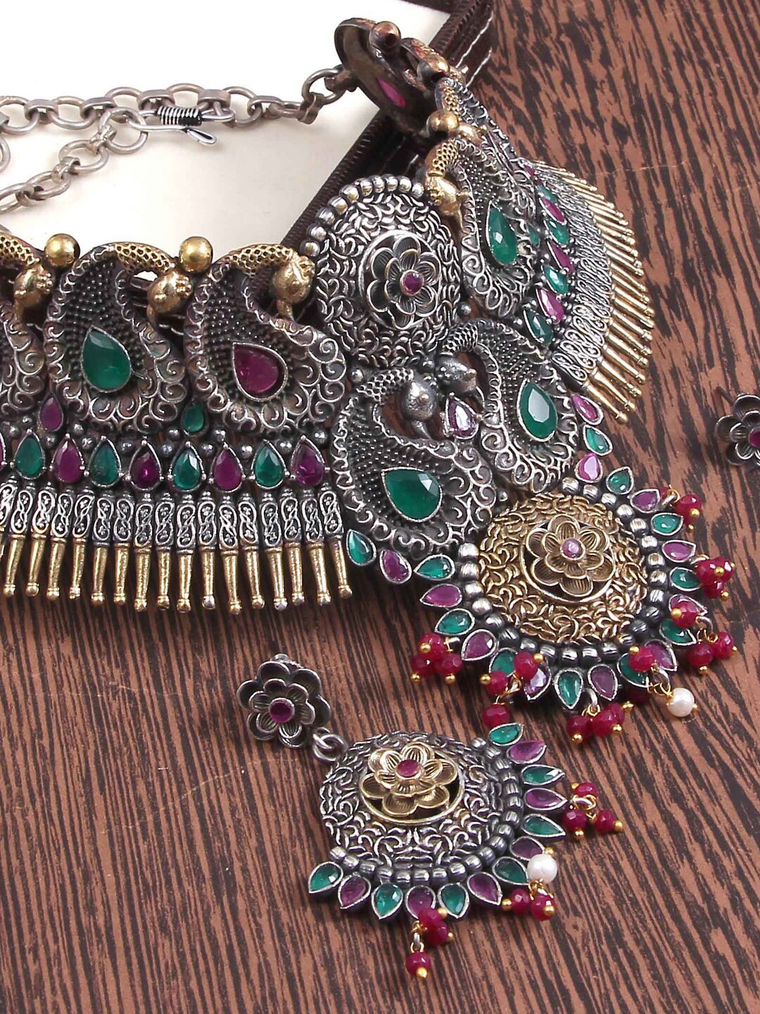 

VIRAASI Stone-Studded & Beaded Jewellery Set, Silver