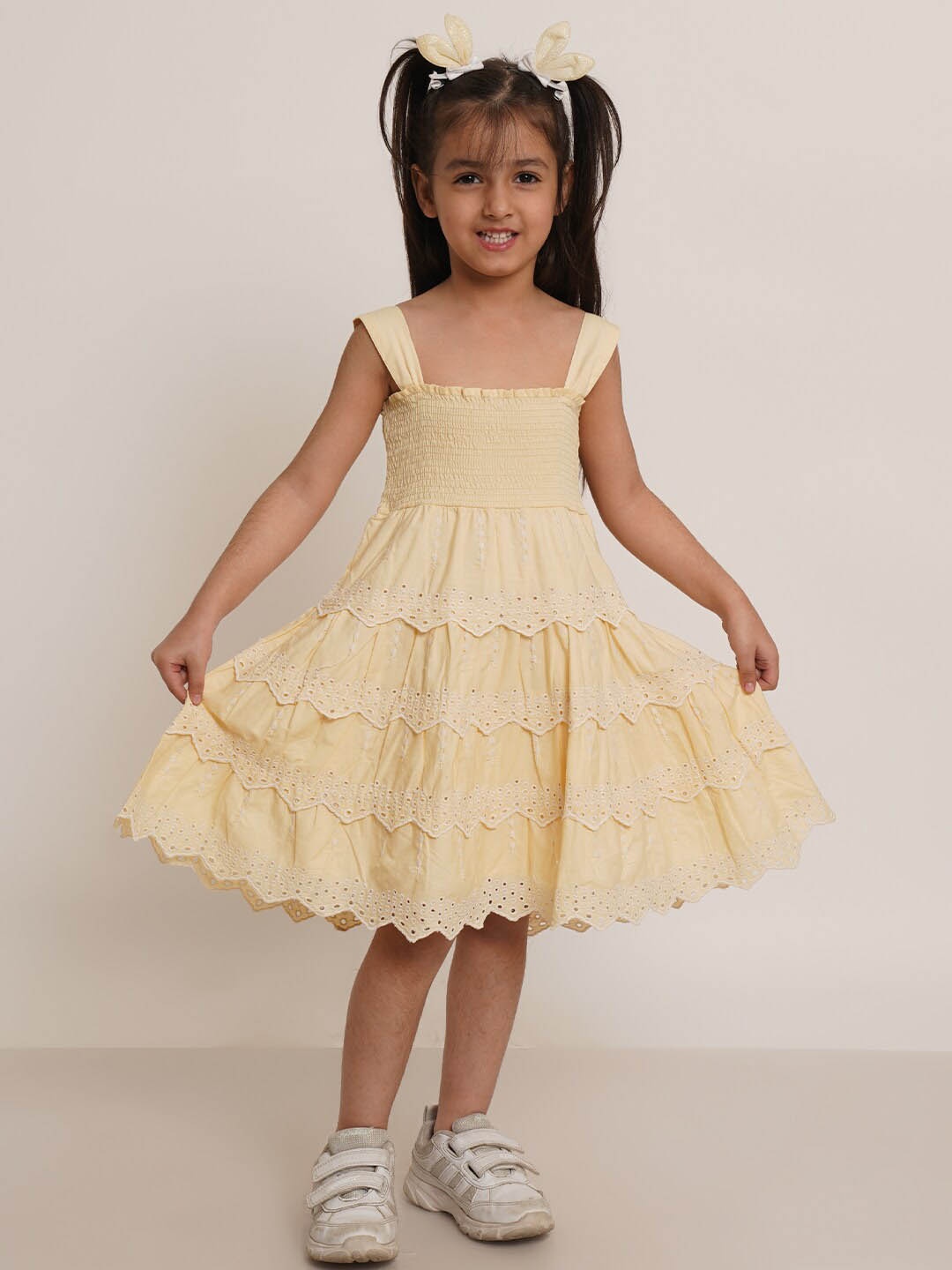 

Creative Kids Self Design Square Neck Flared Empire Dress, Yellow