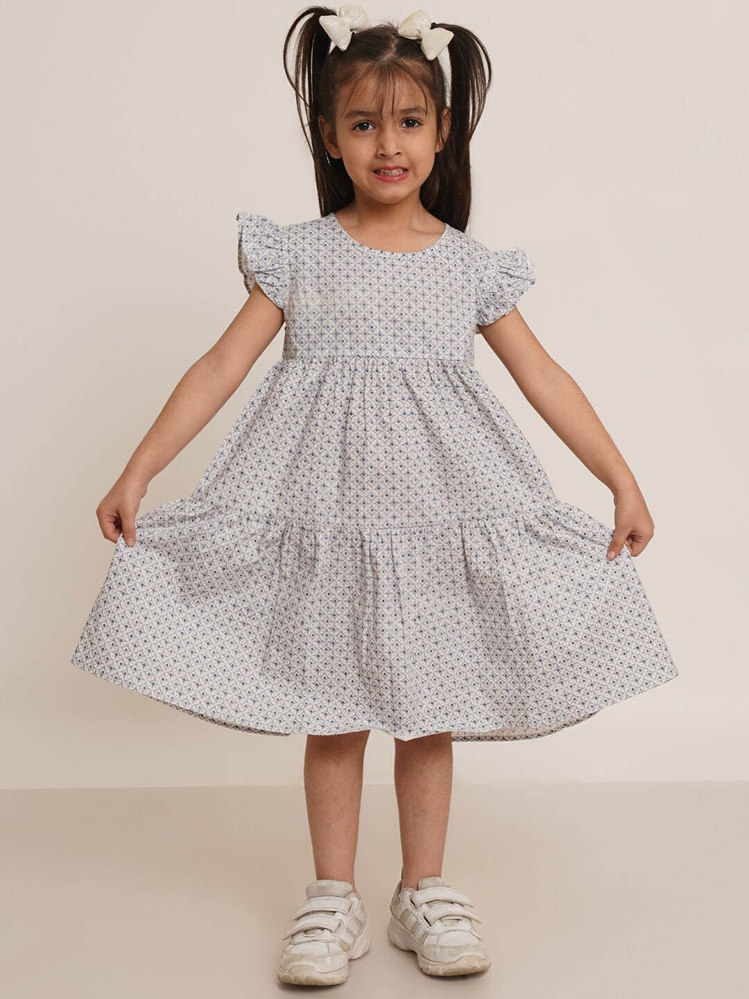 

Creative Kids Girls Polka Dot Printed Round Neck Cotton A-Line Dress, White