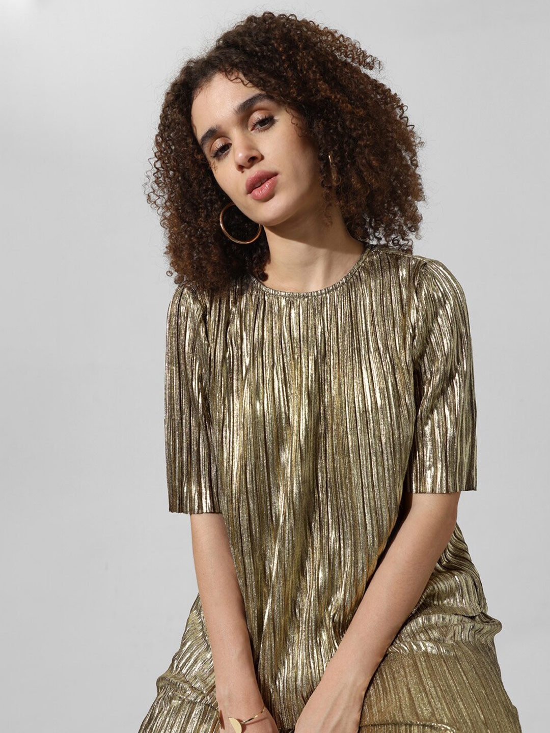 

ONLY Printed Round Neck Short Sleeves A-Line Casual Top, Gold