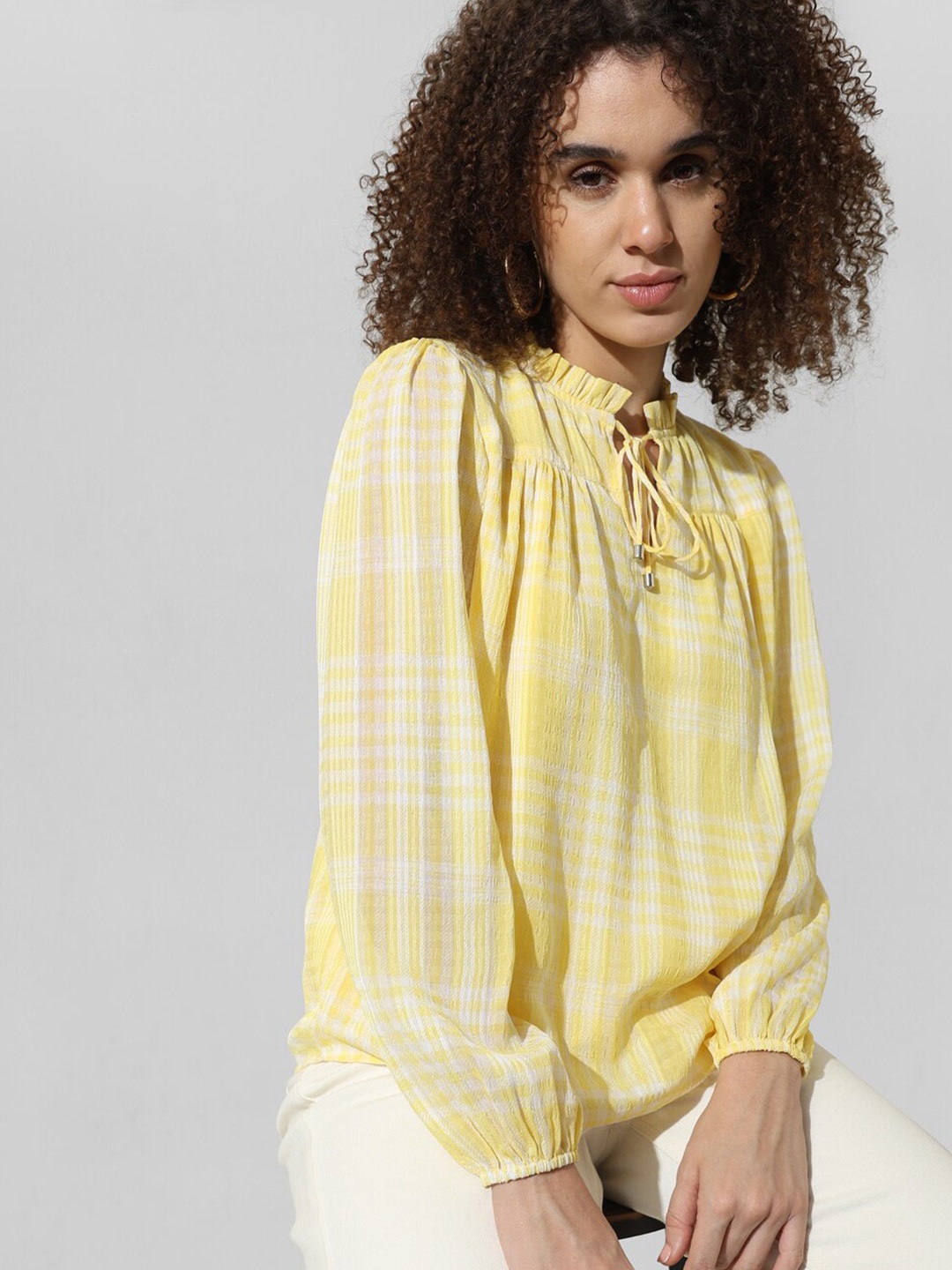 

ONLY Checked Tie-Up Neck Cuffed Sleeves Long Sleeves Casual Top, Yellow