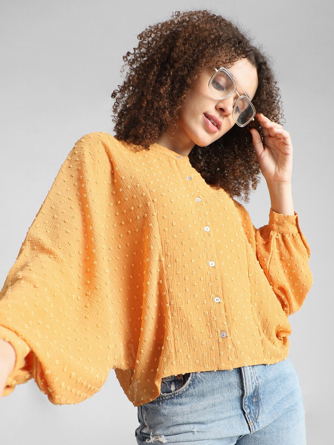 

ONLY Mandarin Collar Batwing Sleeve Shirt Style Top, Orange