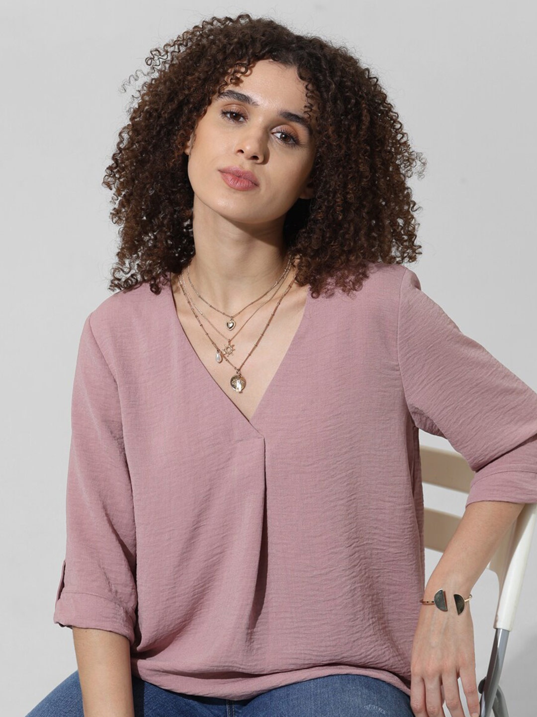 

ONLY V-Neck Roll-Up Sleeves Casual Top, Pink