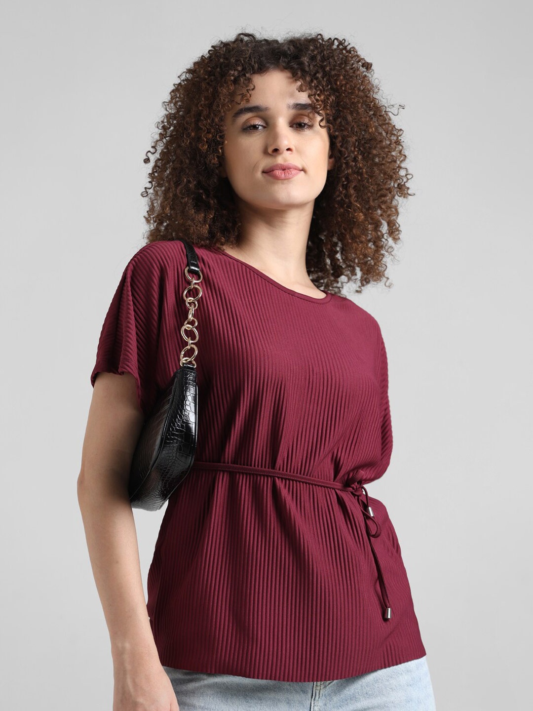 

ONLY Self Design Striped Cinched Waist Top, Maroon
