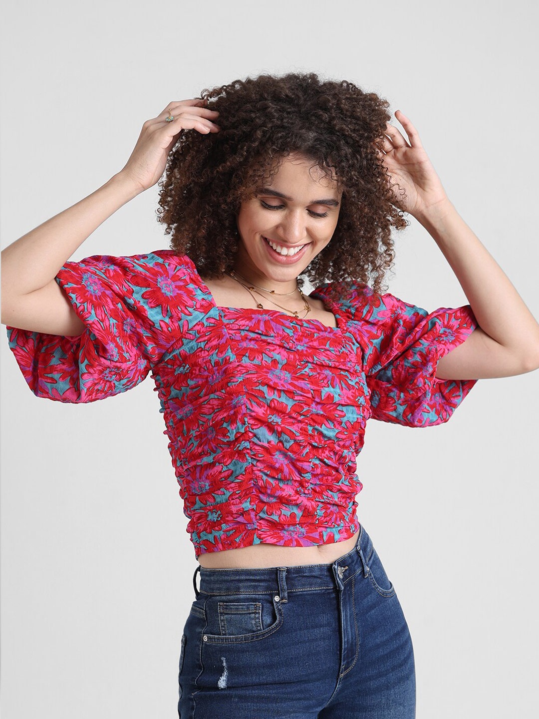 

ONLY Floral Square Neck Opaque Crop Top, Red